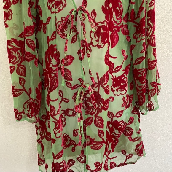UO Red Velvet Floral and Lime Brat Green‎ Robe Kimono Wrap One Size (SM-LG) - Picture 3 of 10